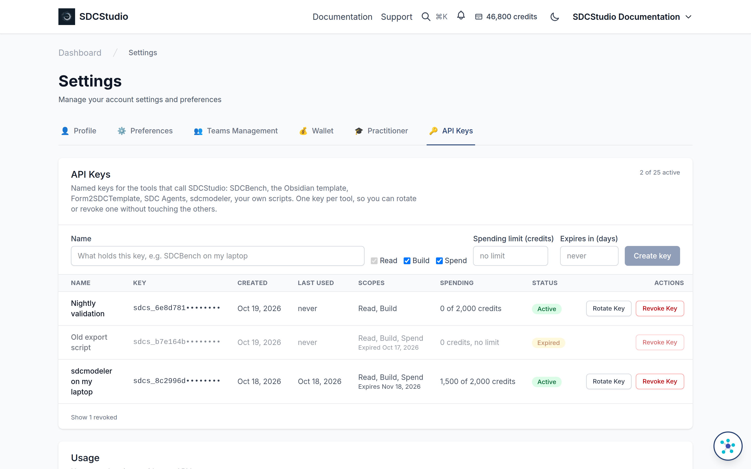 The API Keys tab: each key's scopes, spending and status, with an expired key ready to revoke