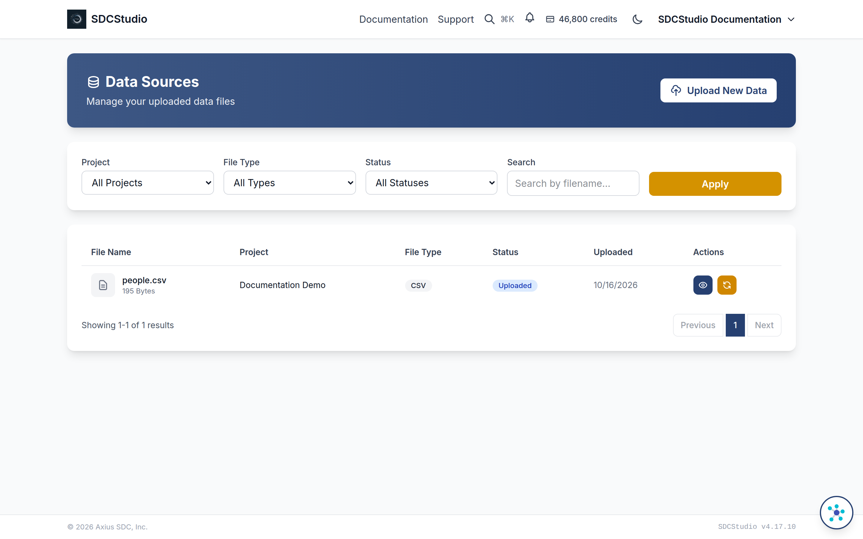 The Data Sources page with one uploaded file