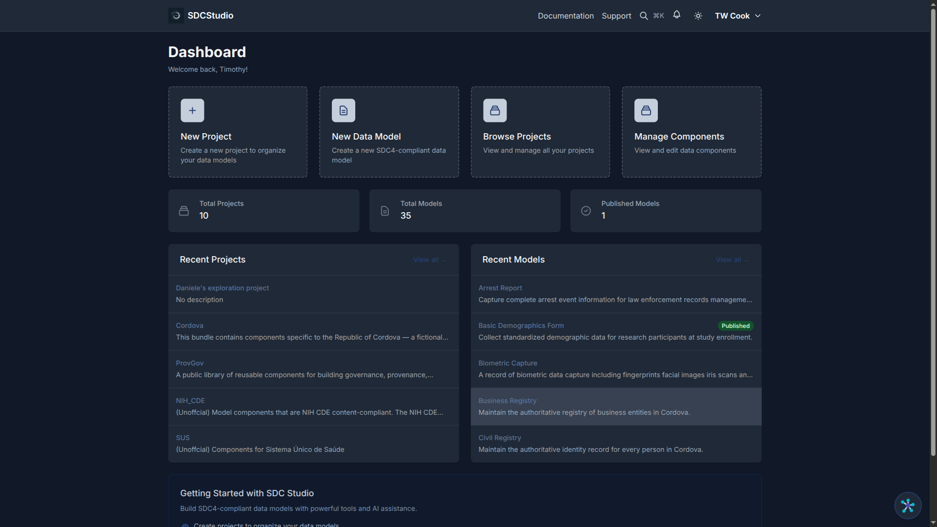 Dashboard overview with quick-action cards and recent activity