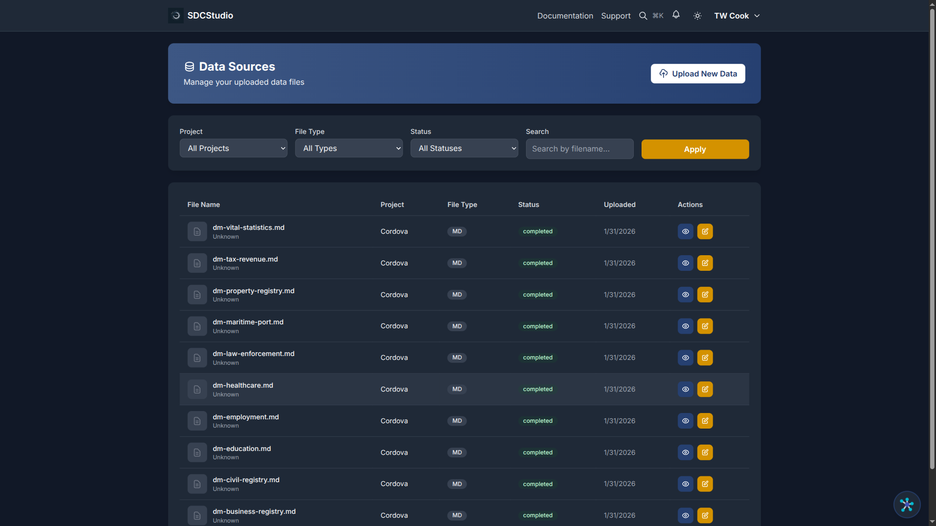 Data sources list showing uploaded files with status indicators