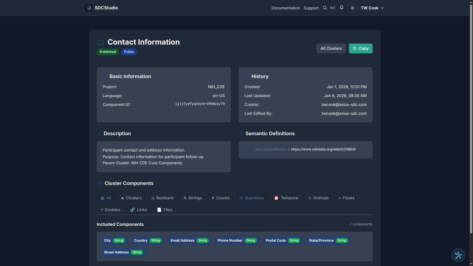 Cluster detail page showing contained components and hierarchy