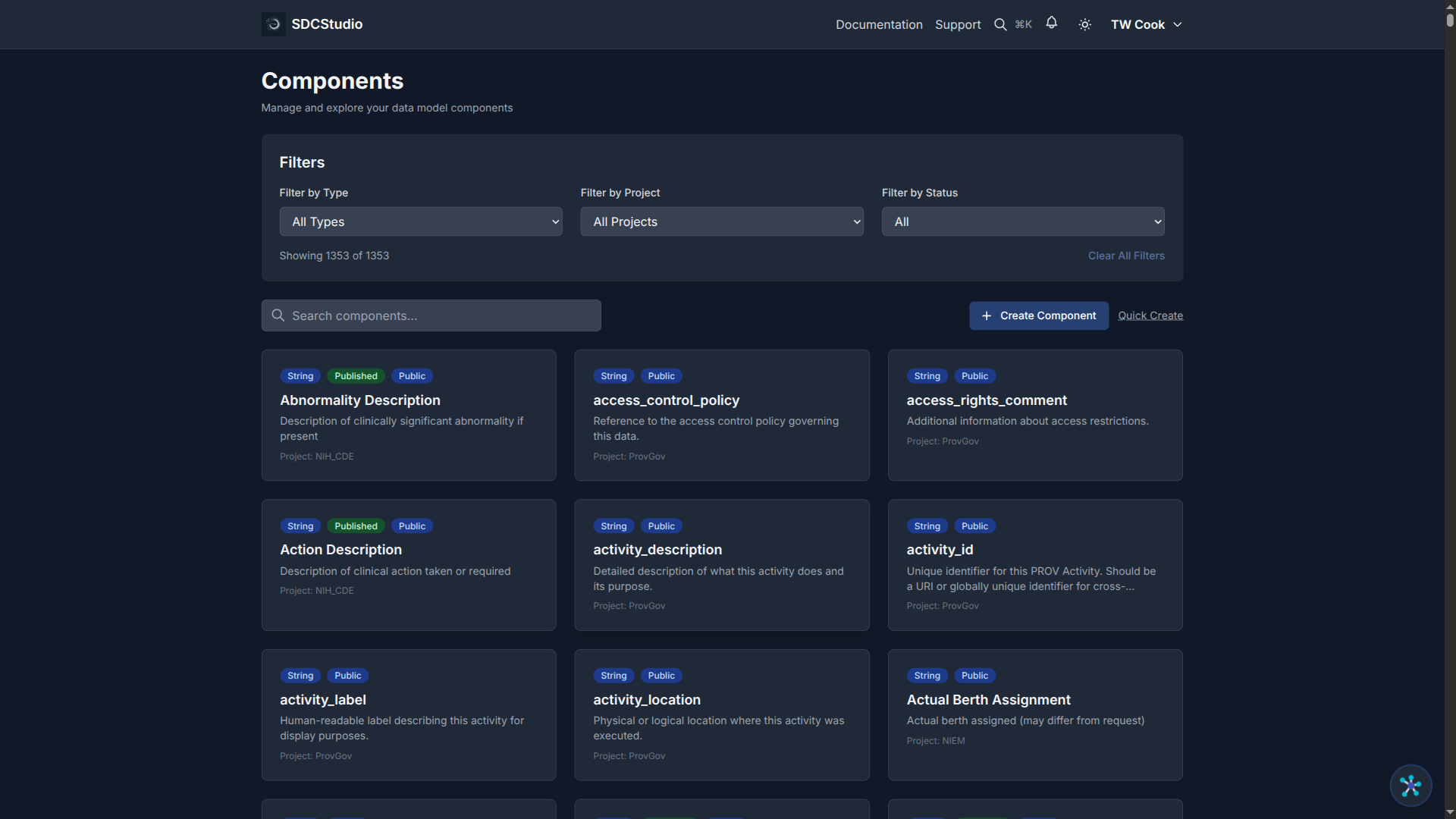 Component list page showing various types with type badges and status