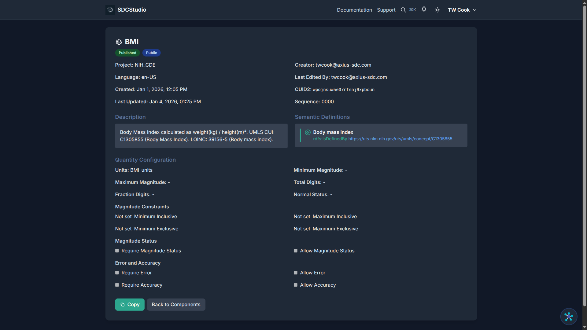 XdQuantity component detail page showing units and magnitude constraints
