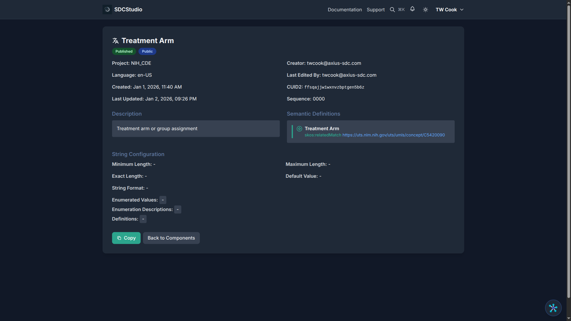 XdString component detail page showing properties and regex pattern