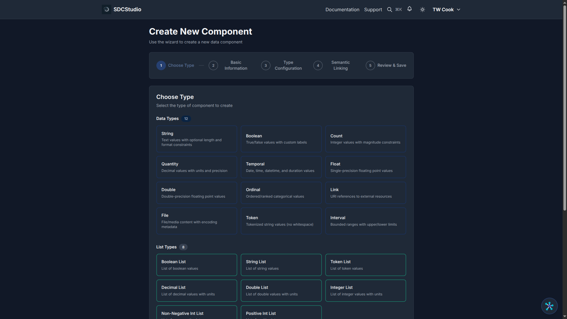 Component Wizard Step 1: Type selection grid showing all available SDC4 types