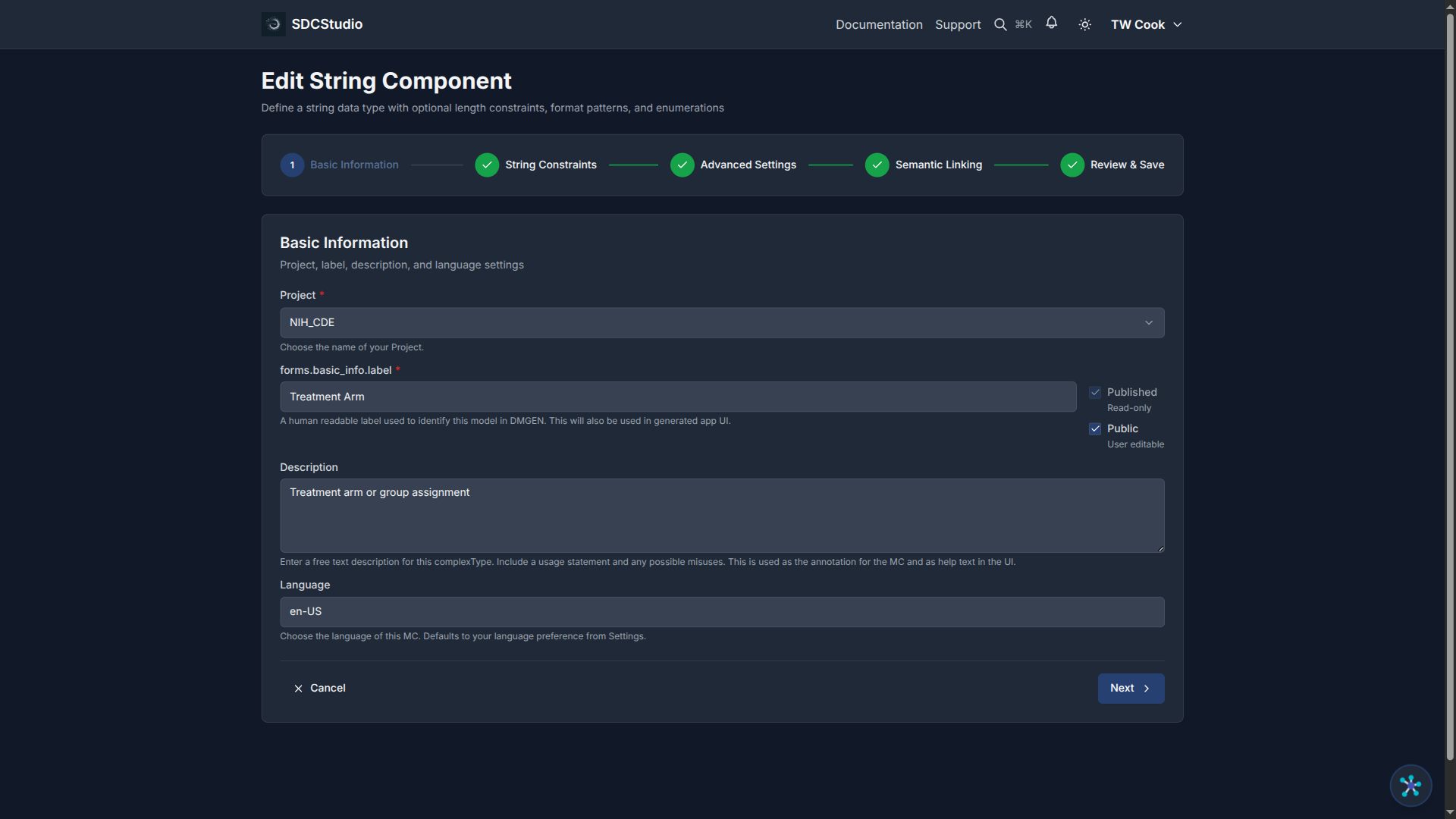 Edit form on Type Config step with fields being modified