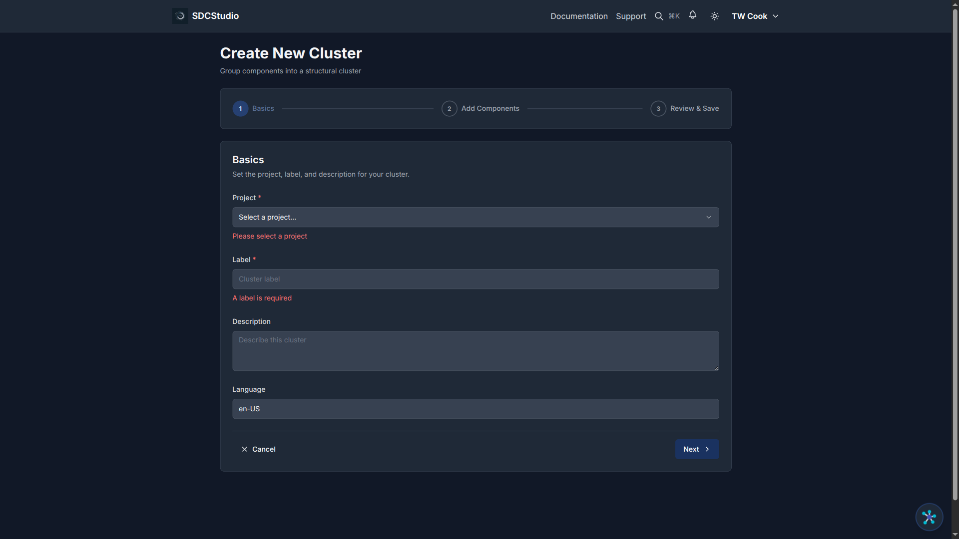 Cluster Wizard review step showing selected components grouped by type