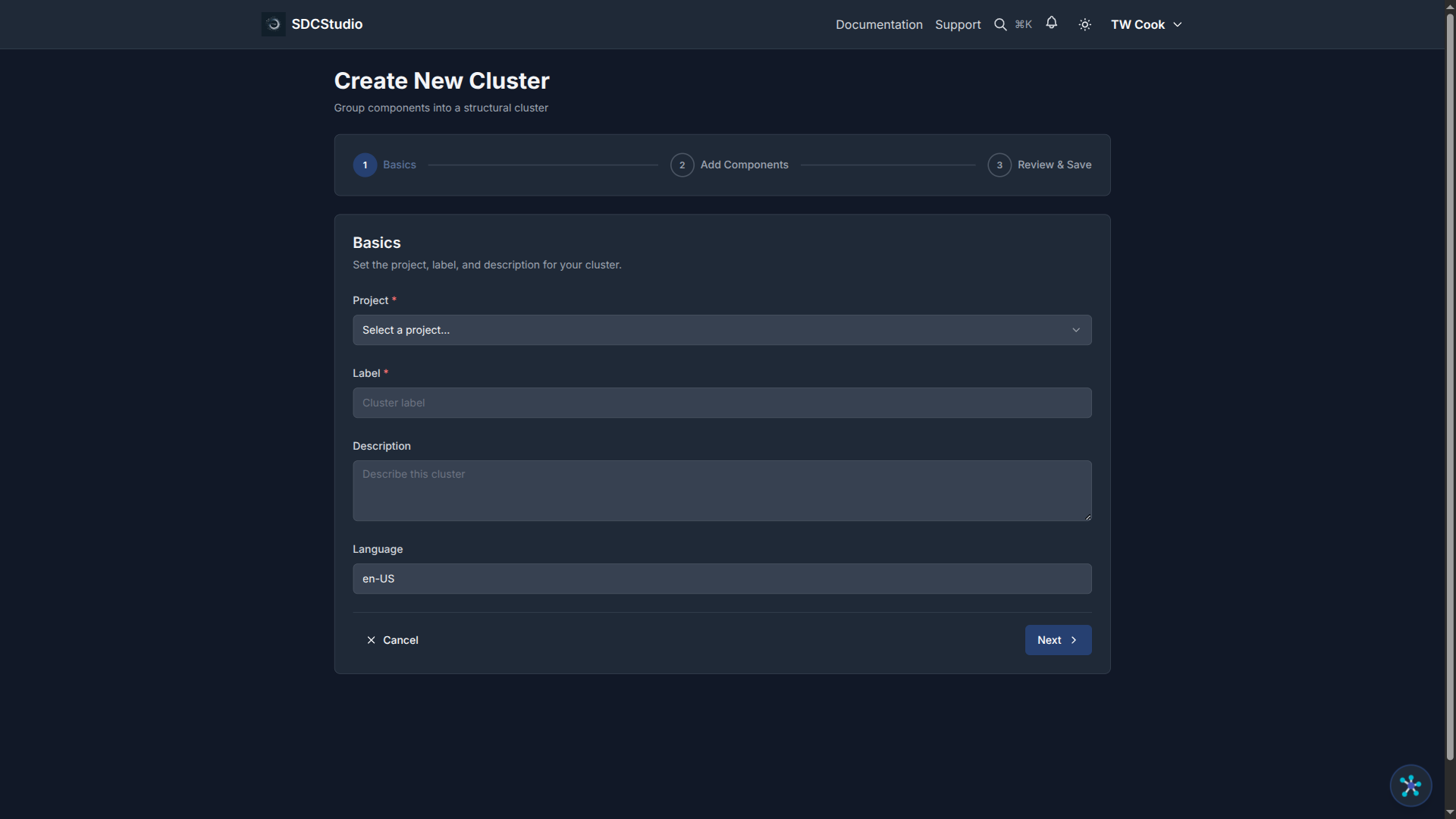 Cluster Wizard Step 1: Basic info with label, description, and project selector