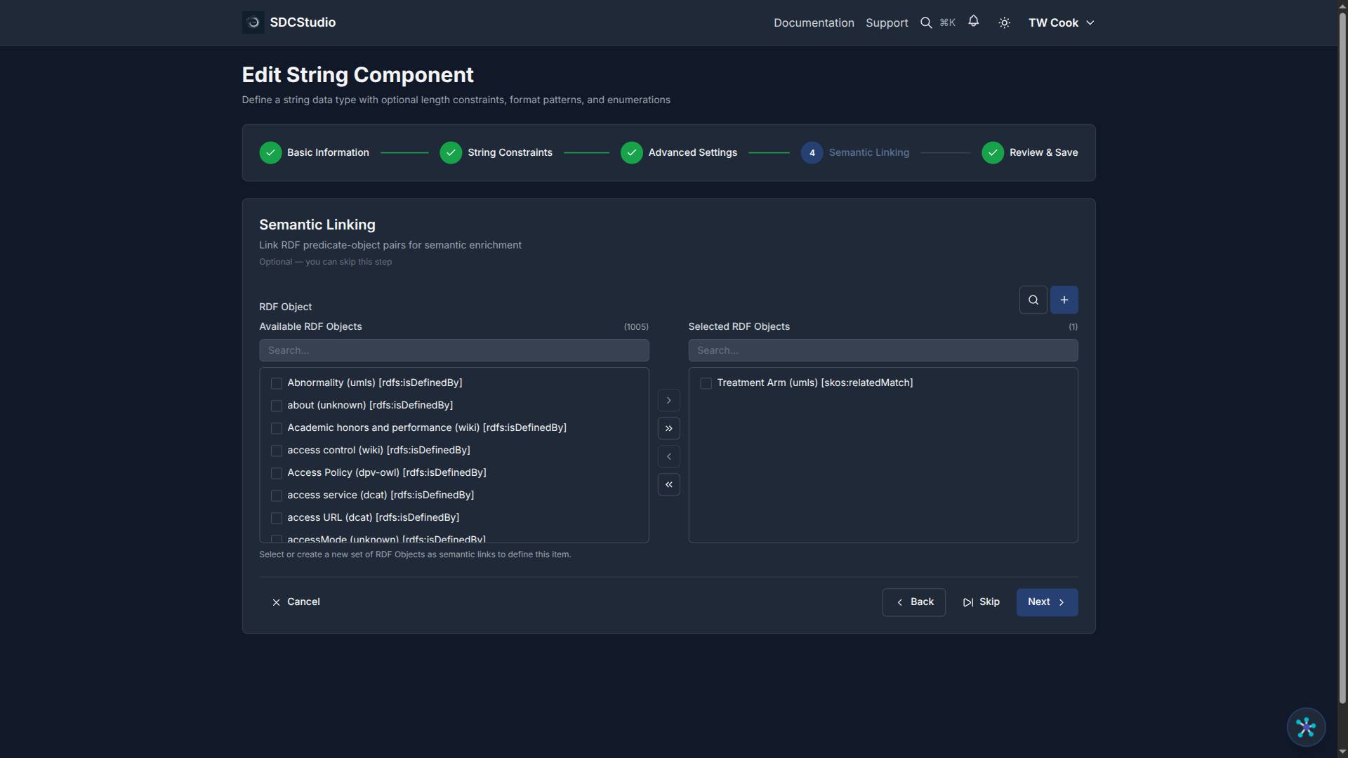 Semantic linking step showing predicate-object TransferList