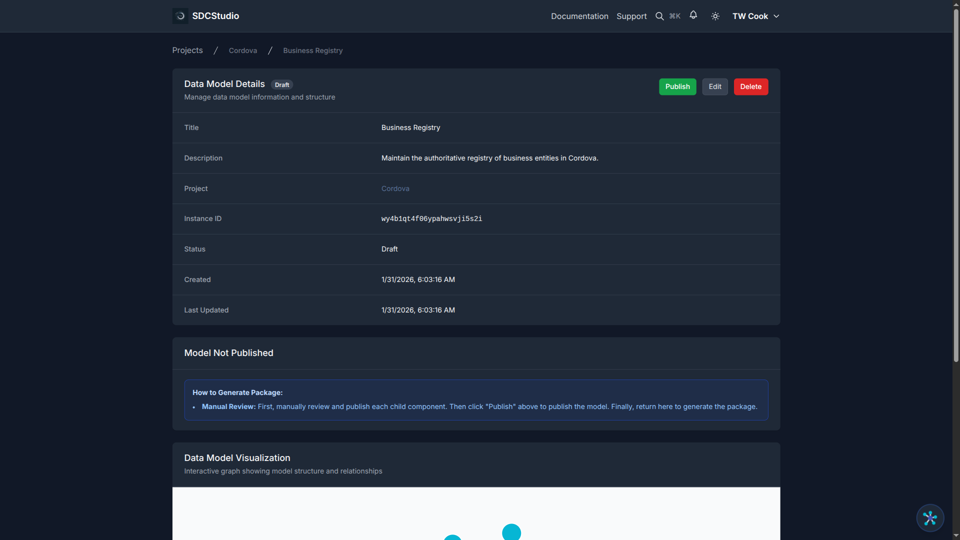 Model detail page with Publish button, all components in DRAFT state