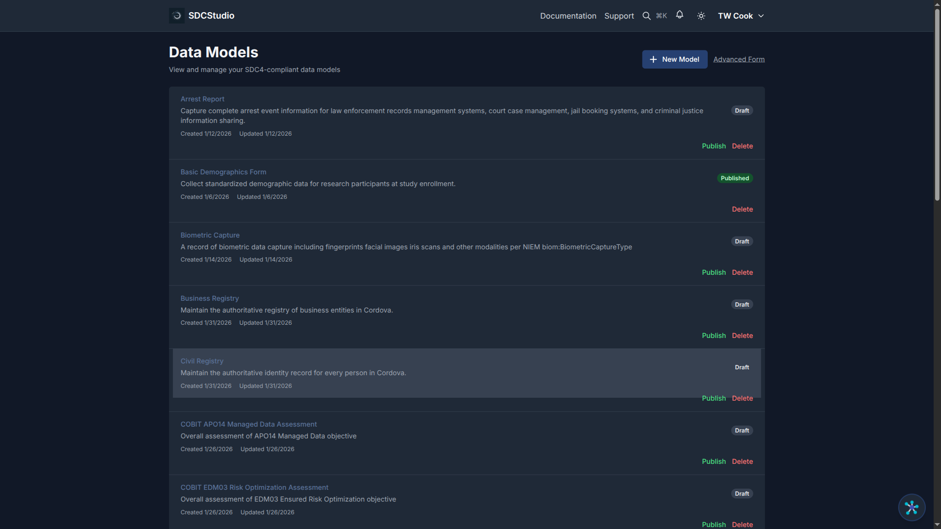 Models list showing models in different lifecycle states with status badges