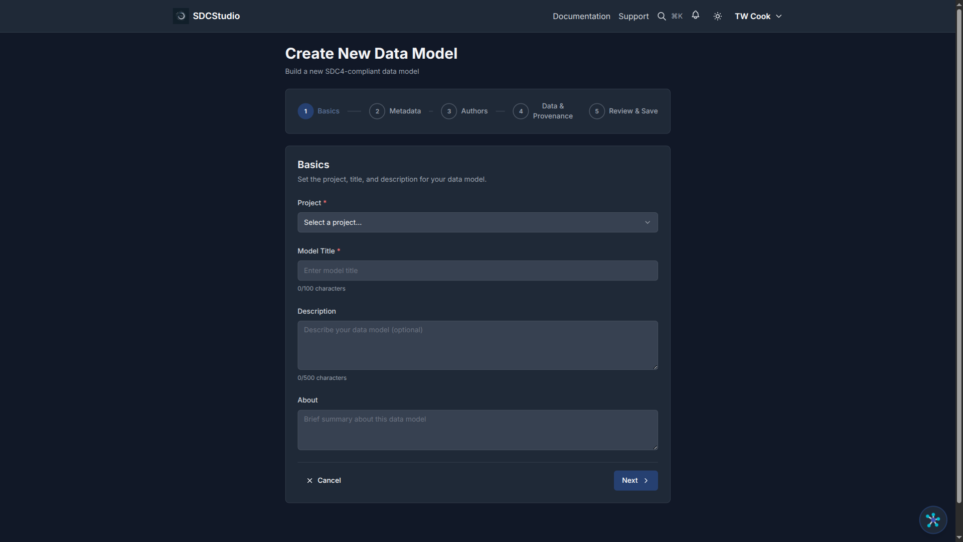 Model Wizard Step 1: Basics form with title, description, and project selector
