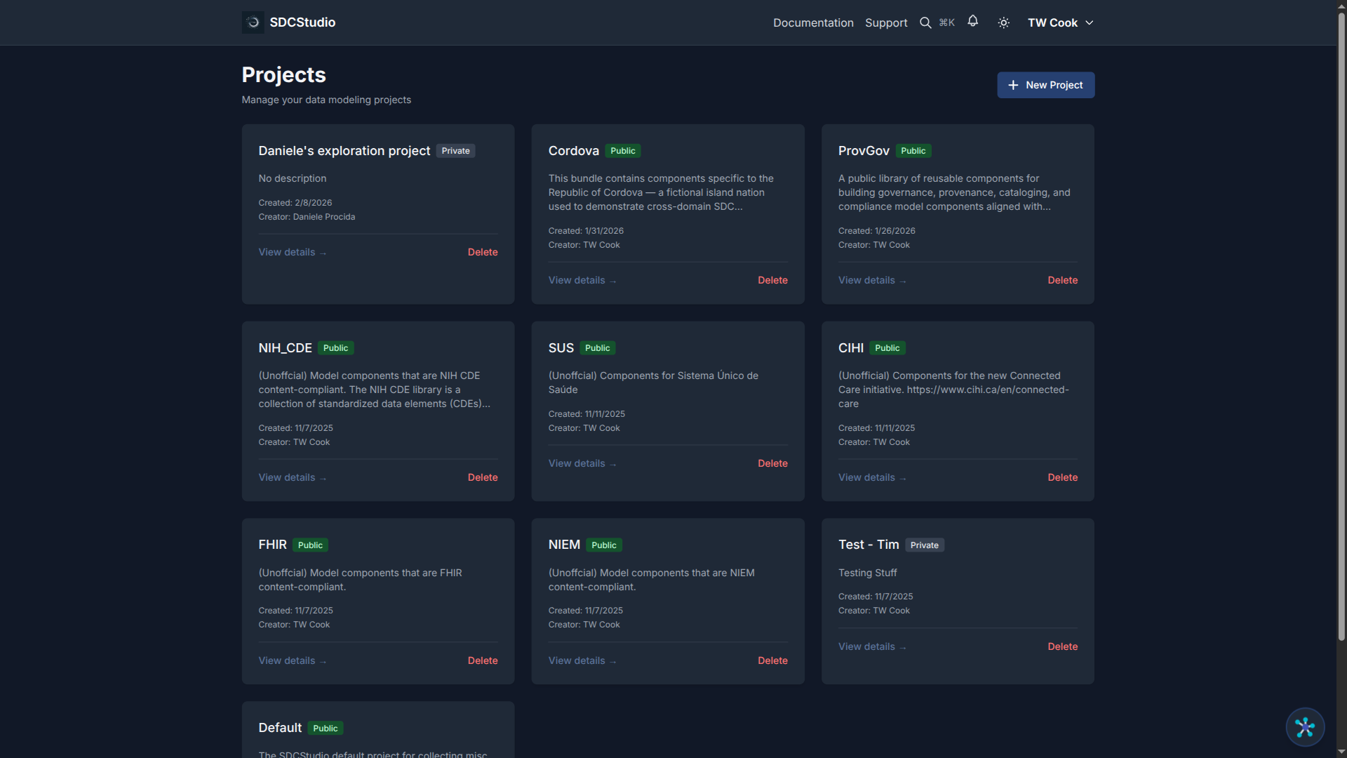 Projects list page showing multiple projects with model counts and status